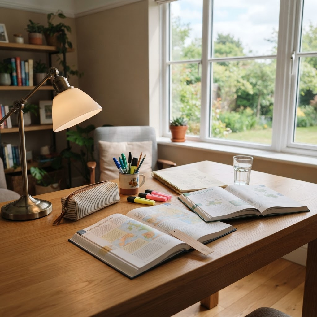 A bright, tidy study space ready for a tutoring session